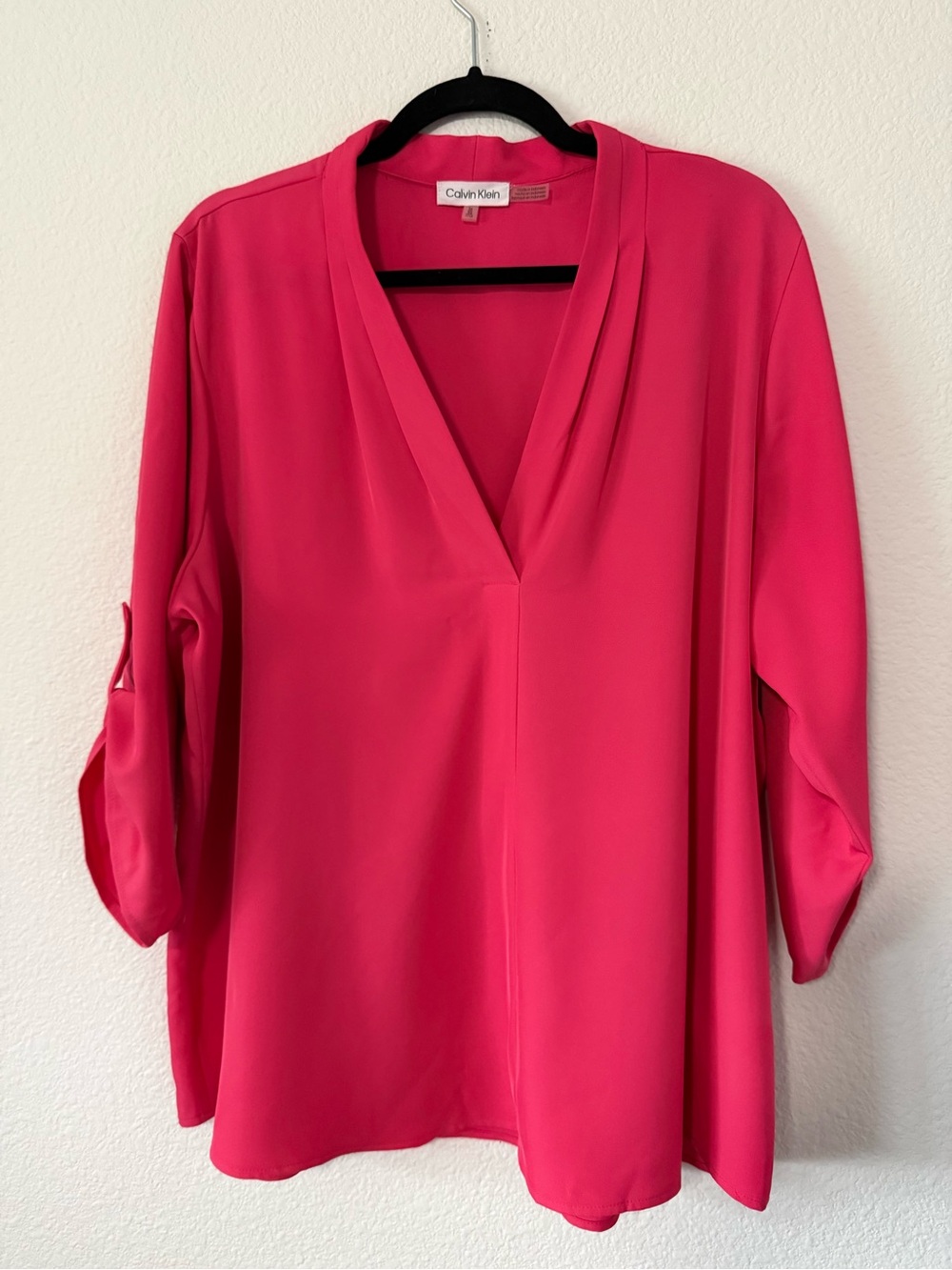 Calvin Klein Bright Pink V‑Neck Roll‑Tab Blouse